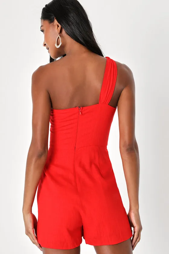Tie and Low Red One-Shoulder Knotted Skort Romper sold by Lulus product image thumbnail 4