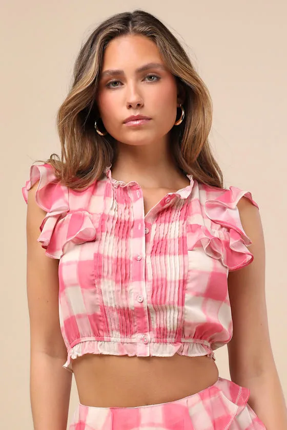 Giada Pink and Ivory Plaid Flutter Sleeve Crop Top sold by Lulus