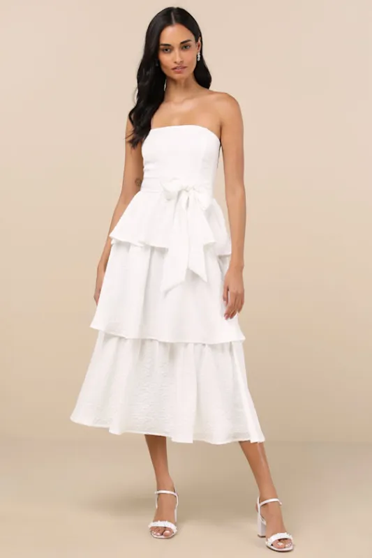 Truly Marvelous White Jacquard Strapless Tiered Midi Dress sold by Lulus