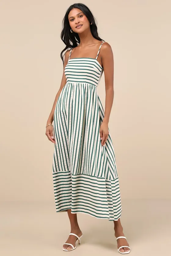 Exceptionally Pristine Green and Cream Striped Cutout Midi Dress sold by Lulus