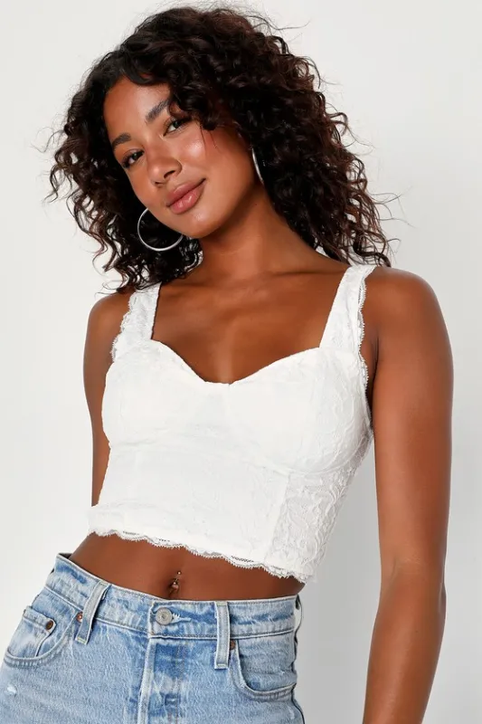 Flirtatious Attitude Ivory Lace Bustier Cami Crop Top sold by Lulus
