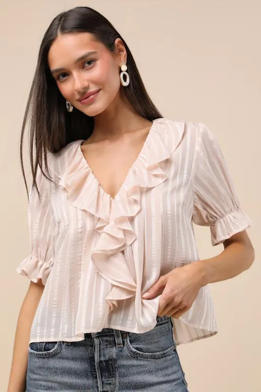 Dania Cream Striped Ruffled Short Sleeve Top sold by Lulus