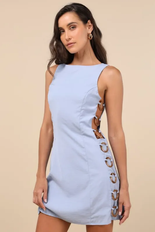 Decidedly Summery Light Blue Cutout Sleeveless O-Ring Mini Dress sold by Lulus