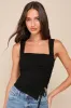 Certainly Flirty Black Ribbed Ruched Square Neck Tank Top sold by Lulus