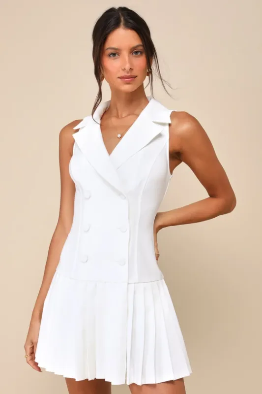 Posh Vision White Sleeveless Blazer Pleated Mini Dress sold by Lulus