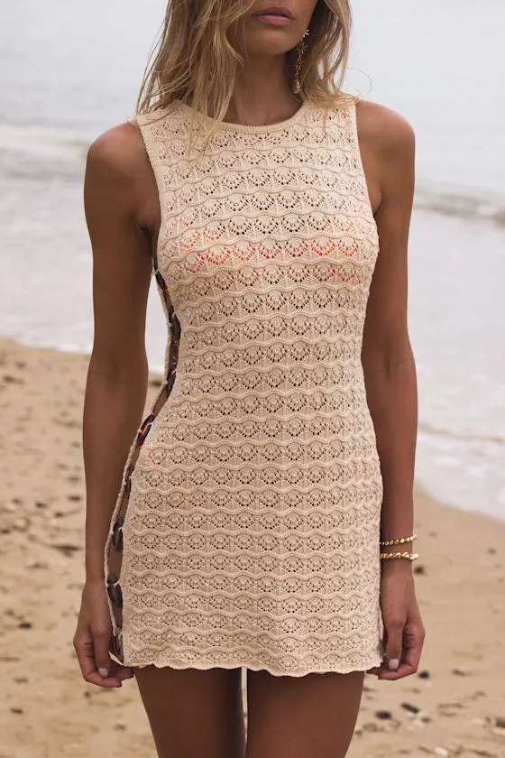 Maleko Beige Crochet O-Ring Mini Swim Cover-Up Dress sold by Lulus product image thumbnail 3