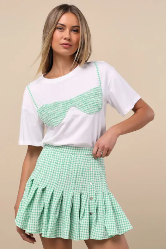 Natalia Green Gingham Pleated Mini Skirt sold by Lulus