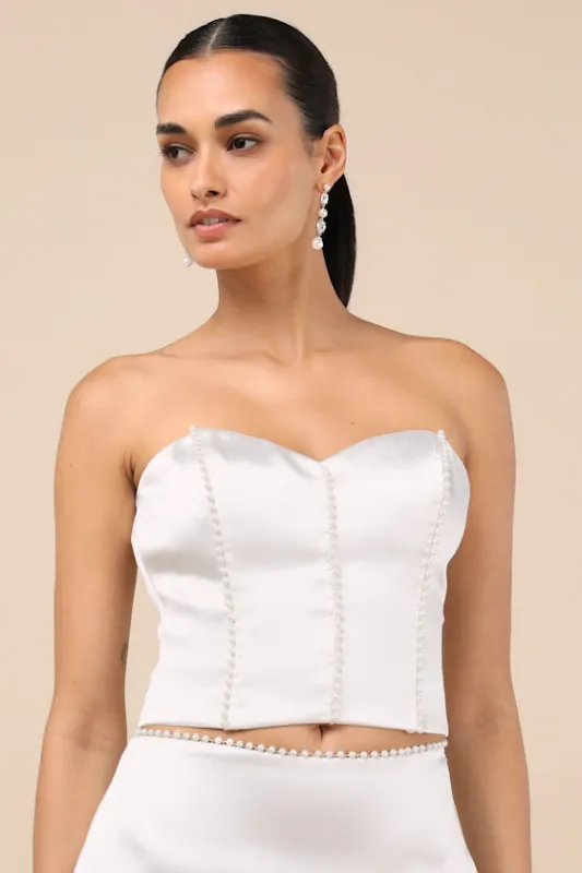 Megan White Satin Pearl Strapless Crop Top made by Lulus