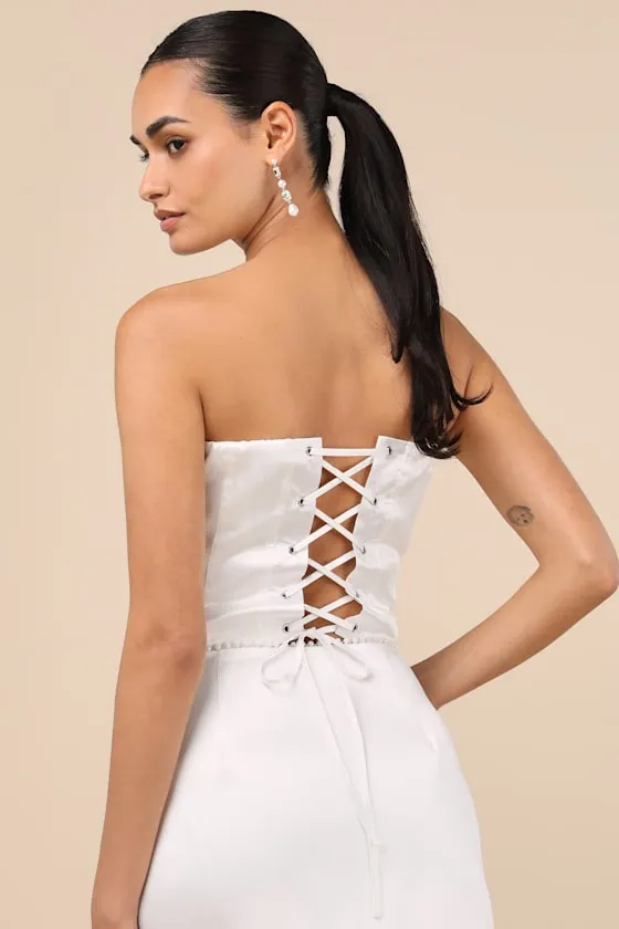 Megan White Satin Pearl Strapless Crop Top sold by Lulus product image thumbnail 2