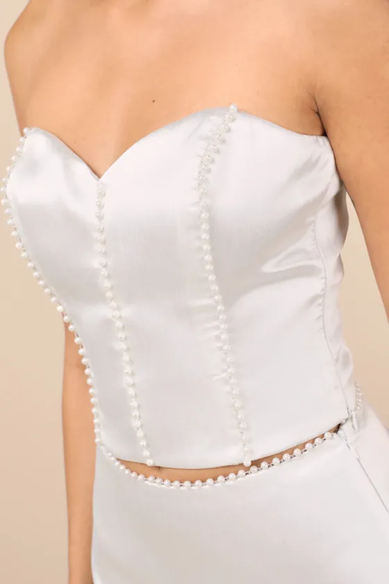 Megan White Satin Pearl Strapless Crop Top sold by Lulus product image thumbnail 4