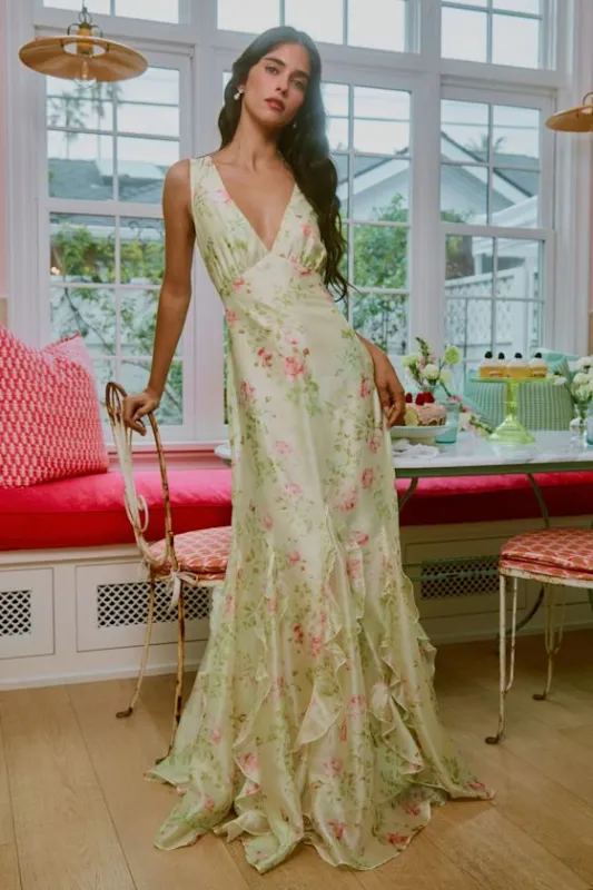 Deluca Cream Floral Sleeveless Ruffled Maxi Dress sold by Lulus