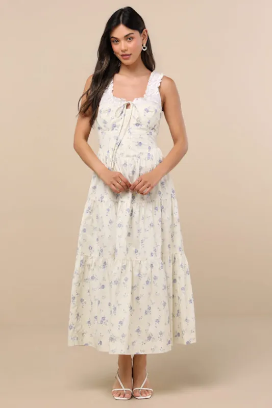 Bianka Ivory Floral Ruffled Tiered Midi Dress sold by Lulus