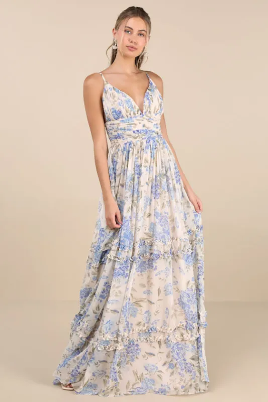 Niora Beige and Blue Floral Pleated Maxi Dress sold by Lulus