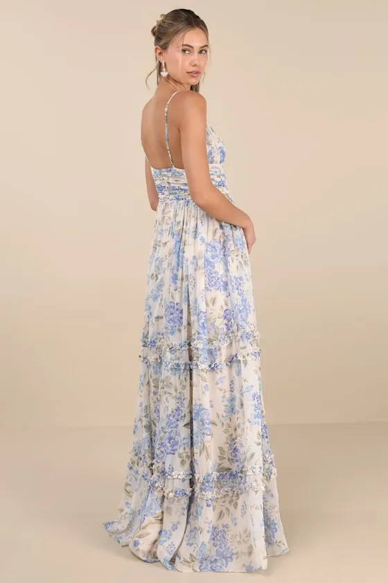 Niora Beige and Blue Floral Pleated Maxi Dress sold by Lulus product image thumbnail 2