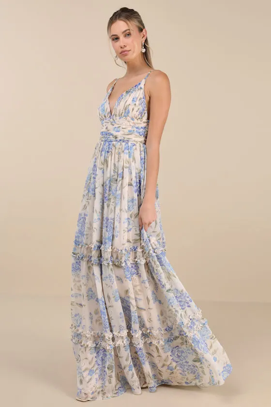 Niora Beige and Blue Floral Pleated Maxi Dress sold by Lulus product image thumbnail 3