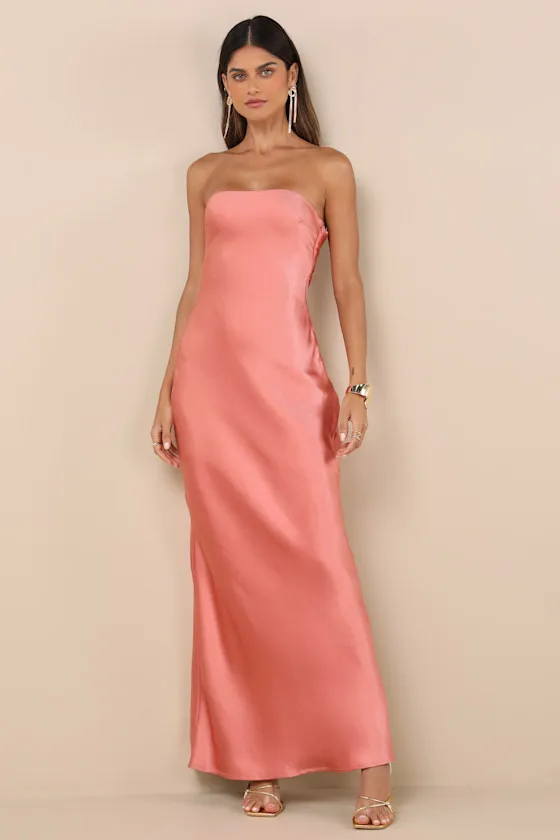 Elliette Peach Pink Satin Strapless Cowl Back Maxi Dress sold by Lulus
