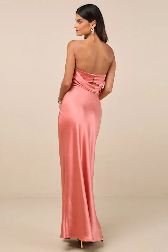 Elliette Peach Pink Satin Strapless Cowl Back Maxi Dress sold by Lulus product image thumbnail 2
