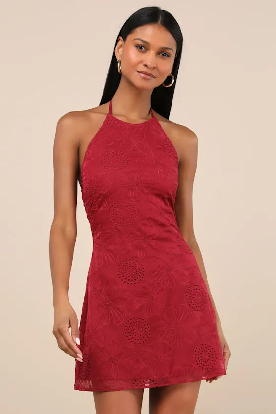 Letitia Dark Red Embroidered Halter Mini Dress sold by Lulus