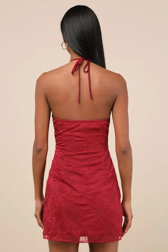 Letitia Dark Red Embroidered Halter Mini Dress sold by Lulus product image thumbnail 3