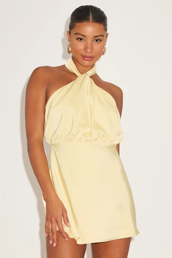 Sleek Essence Light Yellow Satin Halter Sleeveless Mini Dress sold by Lulus