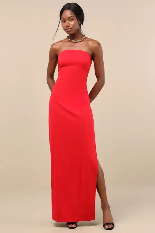 Famous Icon Red Strapless Column Maxi Dress sold by Lulus