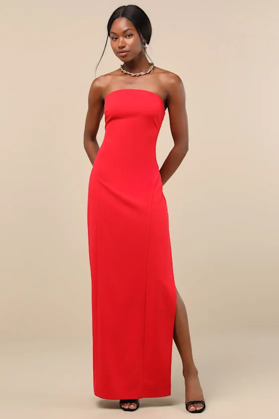 Famous Icon Red Strapless Column Maxi Dress sold by Lulus