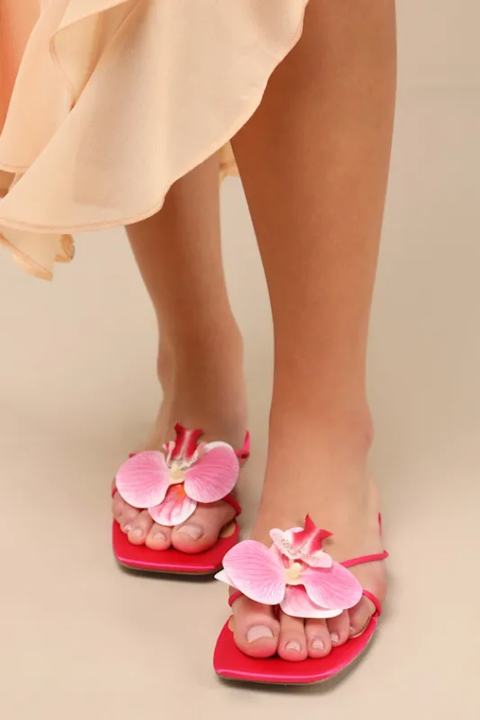 Florra Hot Pink Satin Floral Applique Low Heel Slide Sandals sold by Lulus