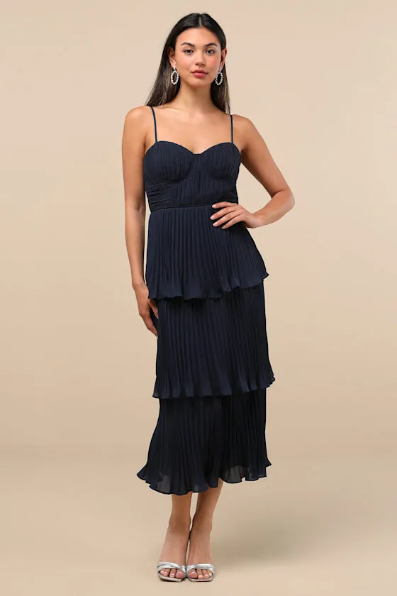 Cascading Crush Navy Blue Tiered Bustier Midi Dress sold by Lulus