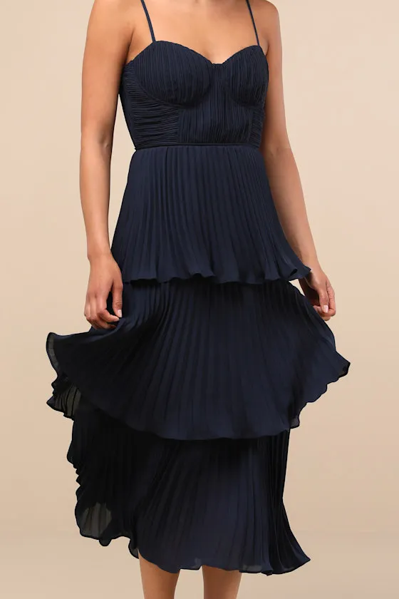 Cascading Crush Navy Blue Tiered Bustier Midi Dress sold by Lulus product image thumbnail 2