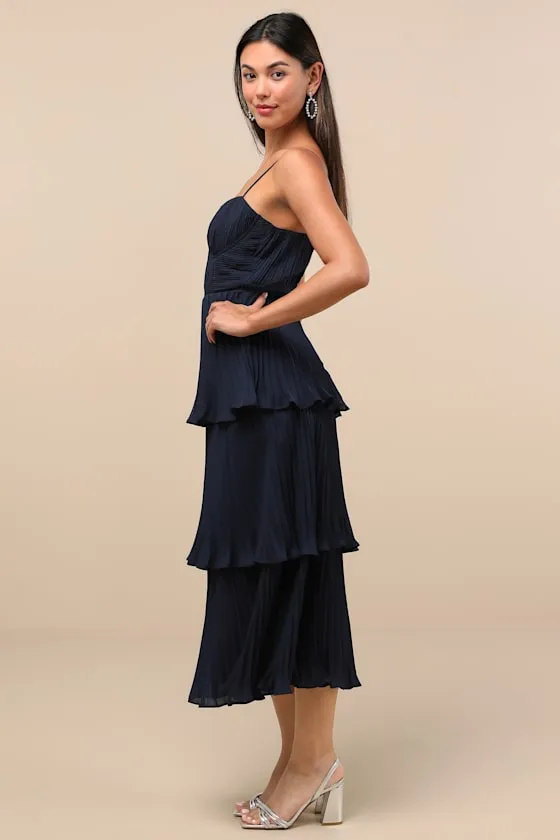 Cascading Crush Navy Blue Tiered Bustier Midi Dress sold by Lulus product image thumbnail 3