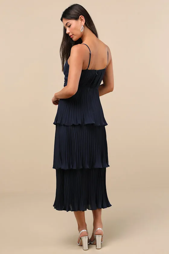 Cascading Crush Navy Blue Tiered Bustier Midi Dress sold by Lulus product image thumbnail 4