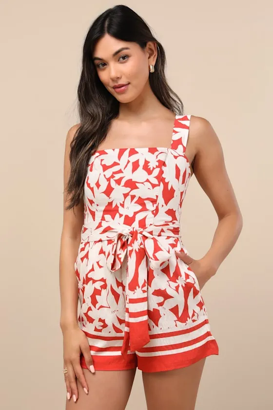 Maite Red Floral Belted Sleeveless Romper sold by Lulus