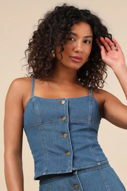 Kamile Blue Chambray Button-Front Tank Top sold by Lulus