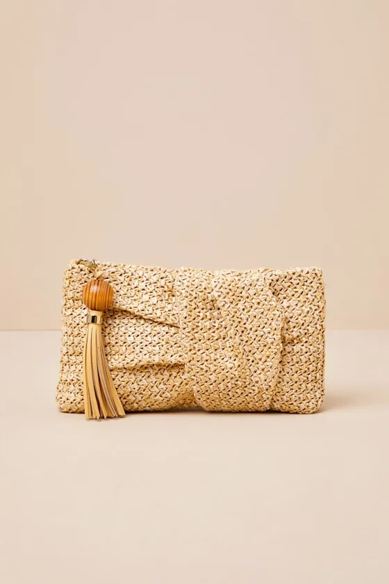 Lorena Natural Raffia Knotted Tassel Clutch sold by Lulus