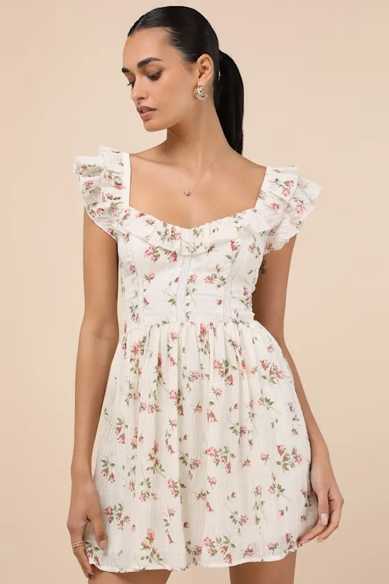 Velia White Floral Textured Flutter Sleeve Mini Dress sold by Lulus
