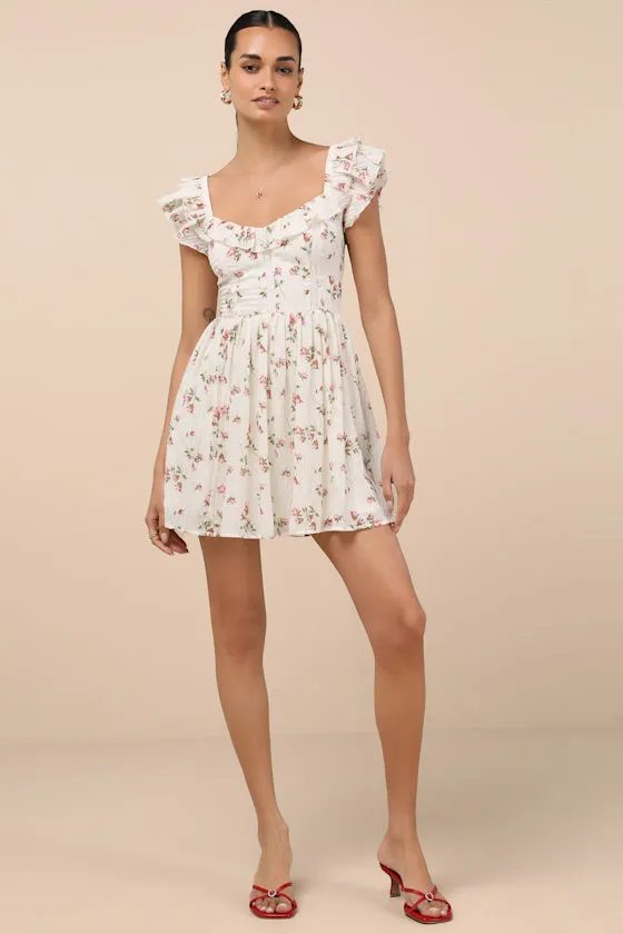 Velia White Floral Textured Flutter Sleeve Mini Dress sold by Lulus product image thumbnail 3