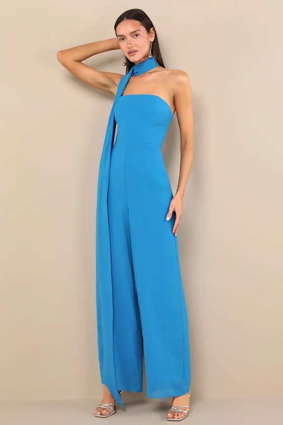 Kavina Bright Blue Wide-Leg Jumpsuit and Scarf Set sold by Lulus