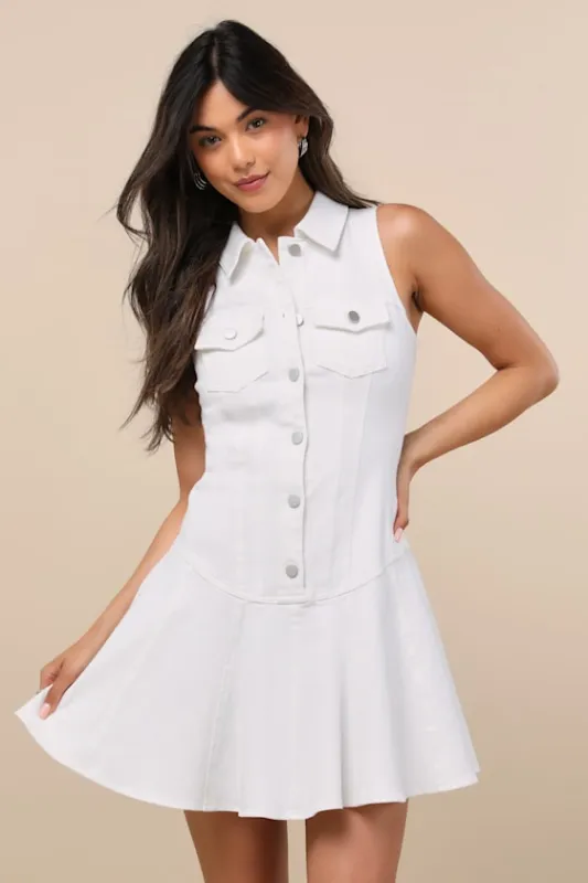 Jaila White Denim Collared Mini Dress sold by Lulus