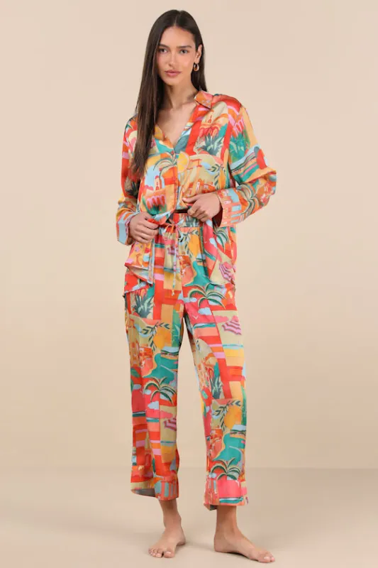 Early Night Orange Multi Print Satin Two-Piece Pajama Set made by Show Me Your MuMu