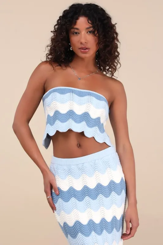 Sandro Blue Multi Crochet Strapless Crop Top sold by Lulus