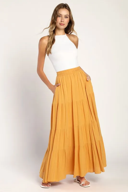 Sunset by the Sea Mustard Yellow Embroidered Tiered Maxi Skirt sold by Lulus
