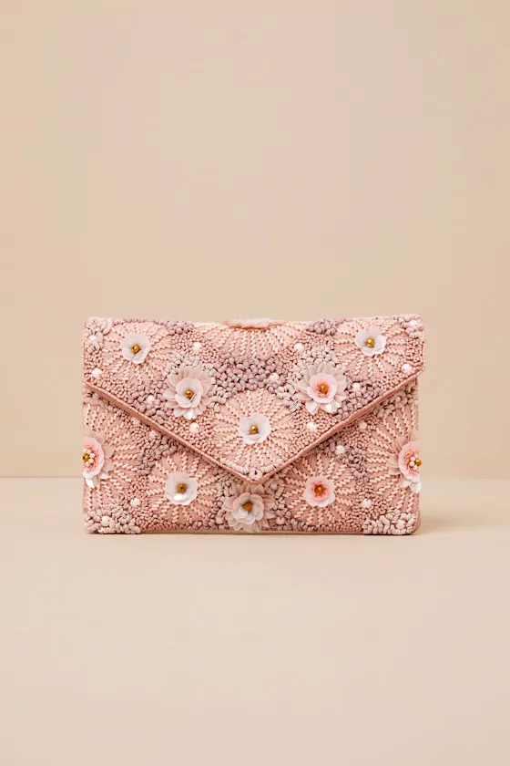 Floria Pink Beaded Floral Clutch sold by Lulus