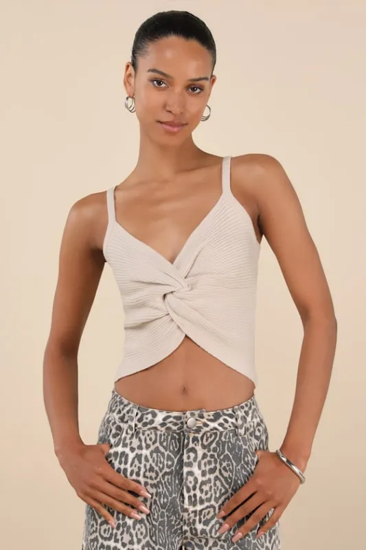 Melika Beige Ribbed Knotted Crop Tank Top made by Lulus