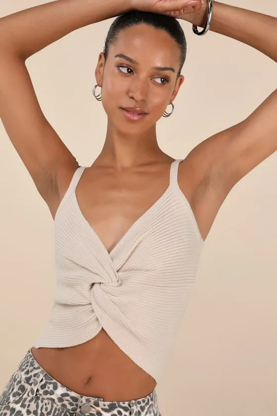 Melika Beige Ribbed Knotted Crop Tank Top sold by Lulus product image thumbnail 3