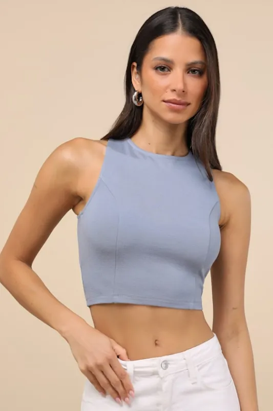 Let's Tie It Slate Blue Tie-Back Cropped Tank Top sold by Lulus