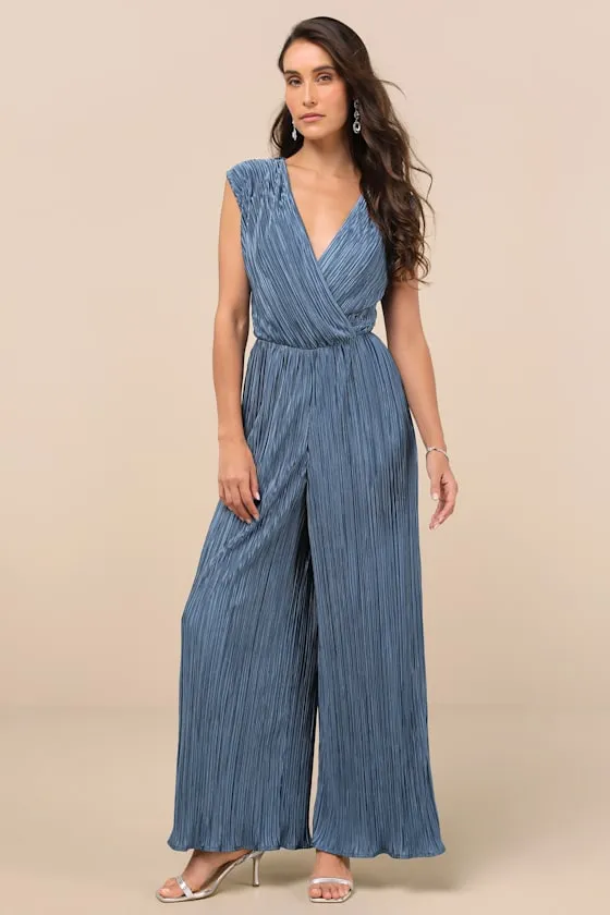 Firenze Dusty Blue Plisse Surplice Sleeveless Wide-Leg Jumpsuit sold by Lulus