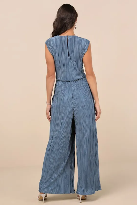 Firenze Dusty Blue Plisse Surplice Sleeveless Wide-Leg Jumpsuit sold by Lulus product image thumbnail 2