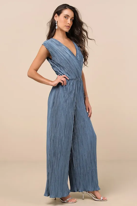 Firenze Dusty Blue Plisse Surplice Sleeveless Wide-Leg Jumpsuit sold by Lulus product image thumbnail 3