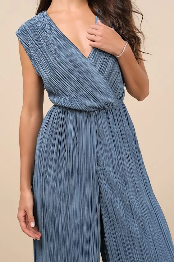 Firenze Dusty Blue Plisse Surplice Sleeveless Wide-Leg Jumpsuit sold by Lulus product image thumbnail 4