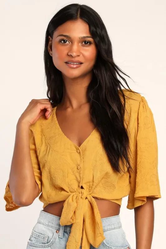 Delightful Darling Yellow Floral Embroidered Tie-Front Crop Top sold by Lulus